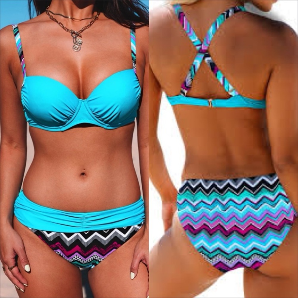 Women’s medium Turquoise and purple chevron print‎ high waist bikini 2 piece set